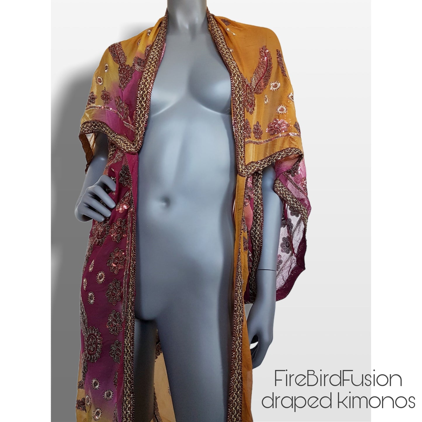 Draped kimono, mustard and bordeaux with elaborated embrodery in antique gold sequins and beads (M)