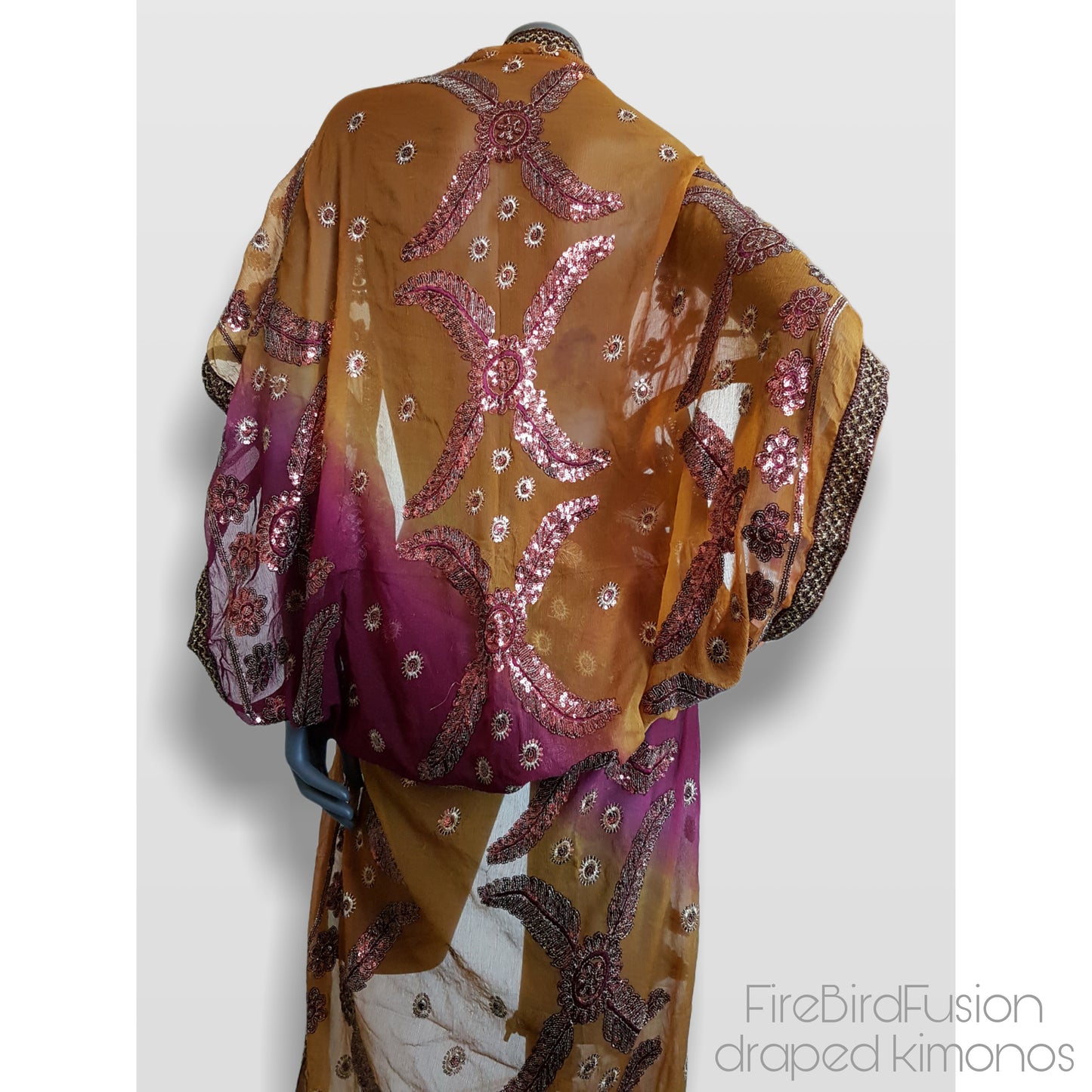 Draped kimono, mustard and bordeaux with elaborated embrodery in antique gold sequins and beads (M)