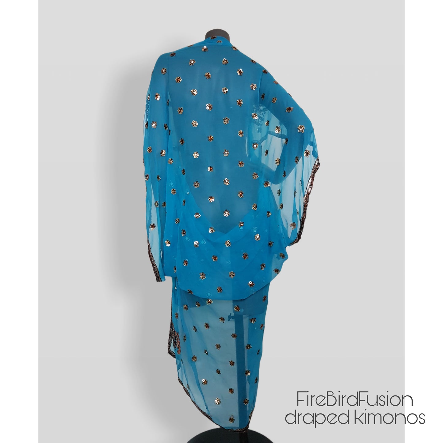 Draped kimono in bright blue with bold bronze embroidery (M)