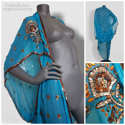 Draped kimono in bright blue with bold bronze embroidery (M)