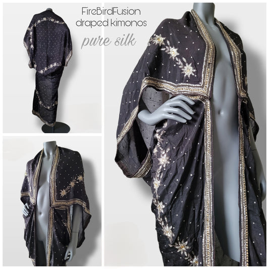 Luxurious draped kimono in pure silk, black with golden trims and floral embroidery (M)