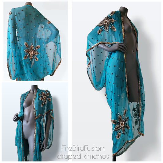 Draped kimono, bright blue with elaborated hand embroidery in gold silver & amber (M-L)