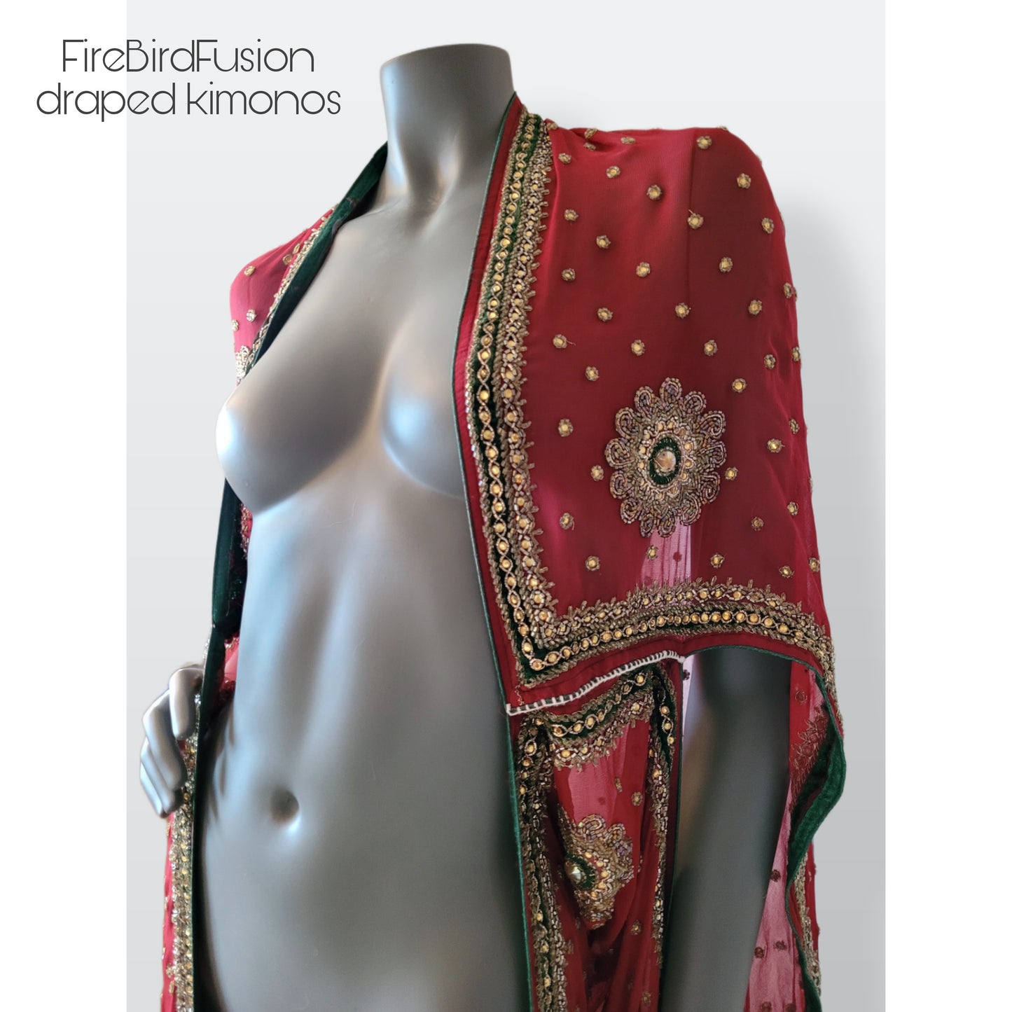 Draped kimono, red with green velvet inlays, hand embrodery with pale golden glass beads and green lined trim (S)
