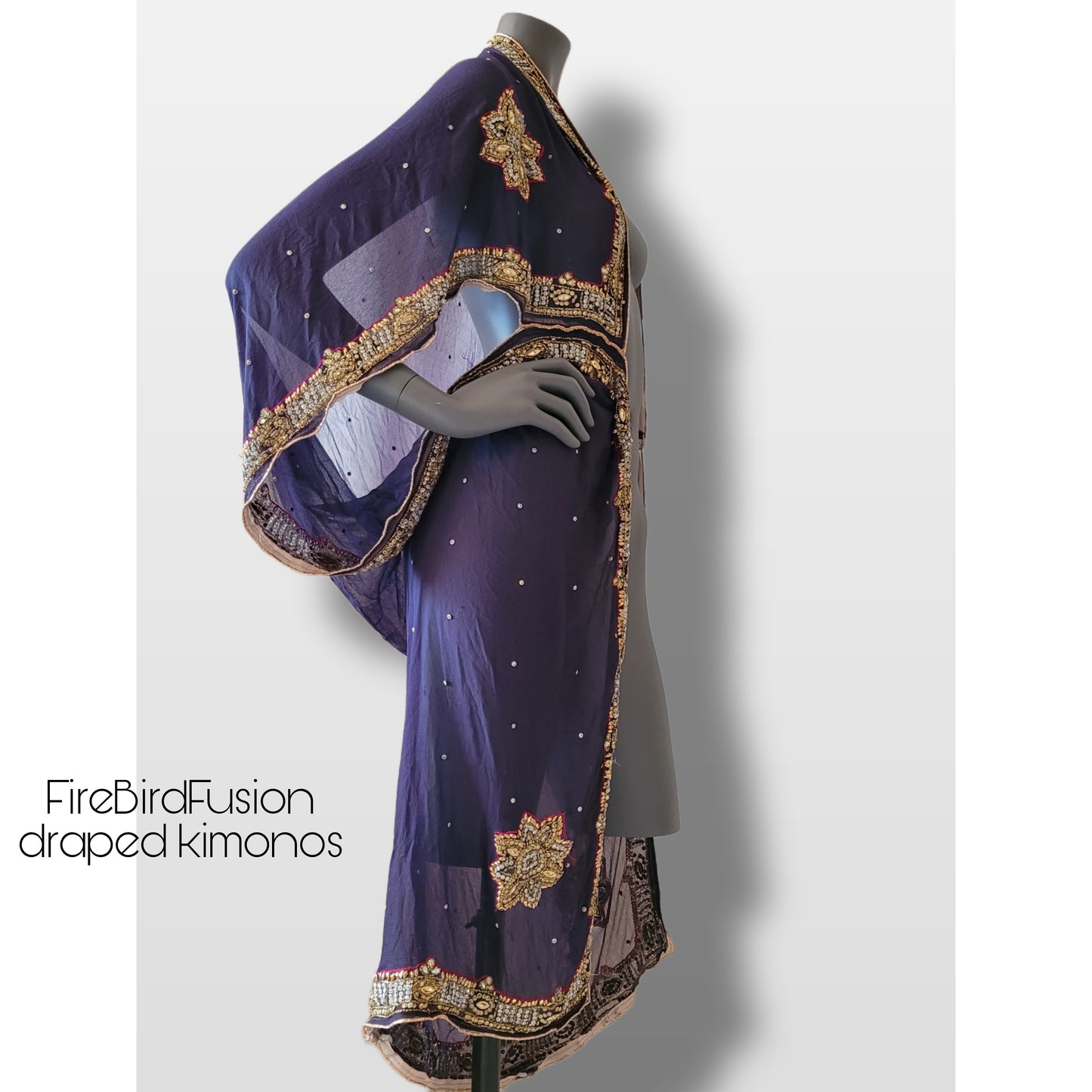 Draped kimono in dark plum with elaborated hand embellishments in gold, silver, red and yellow (L)