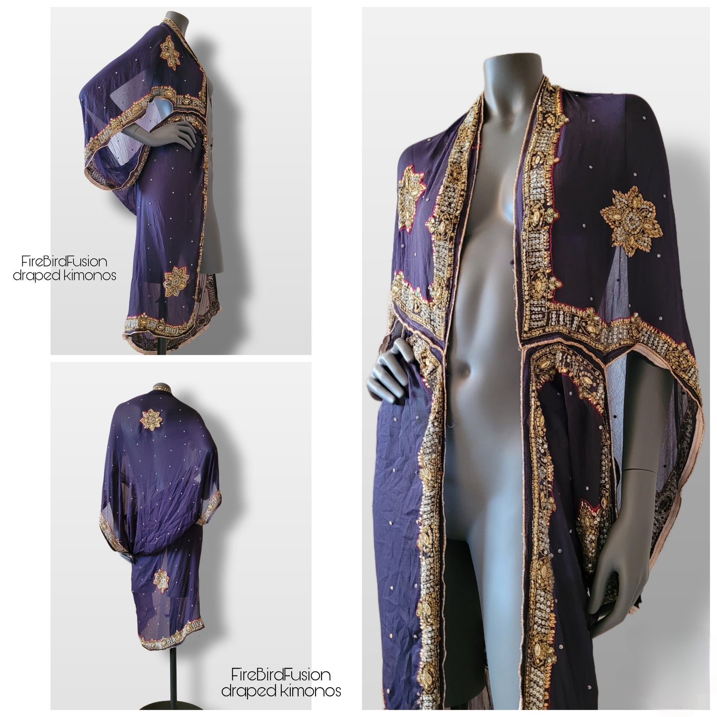 Draped kimono in dark plum with elaborated hand embellishments in gold, silver, red and yellow (L)