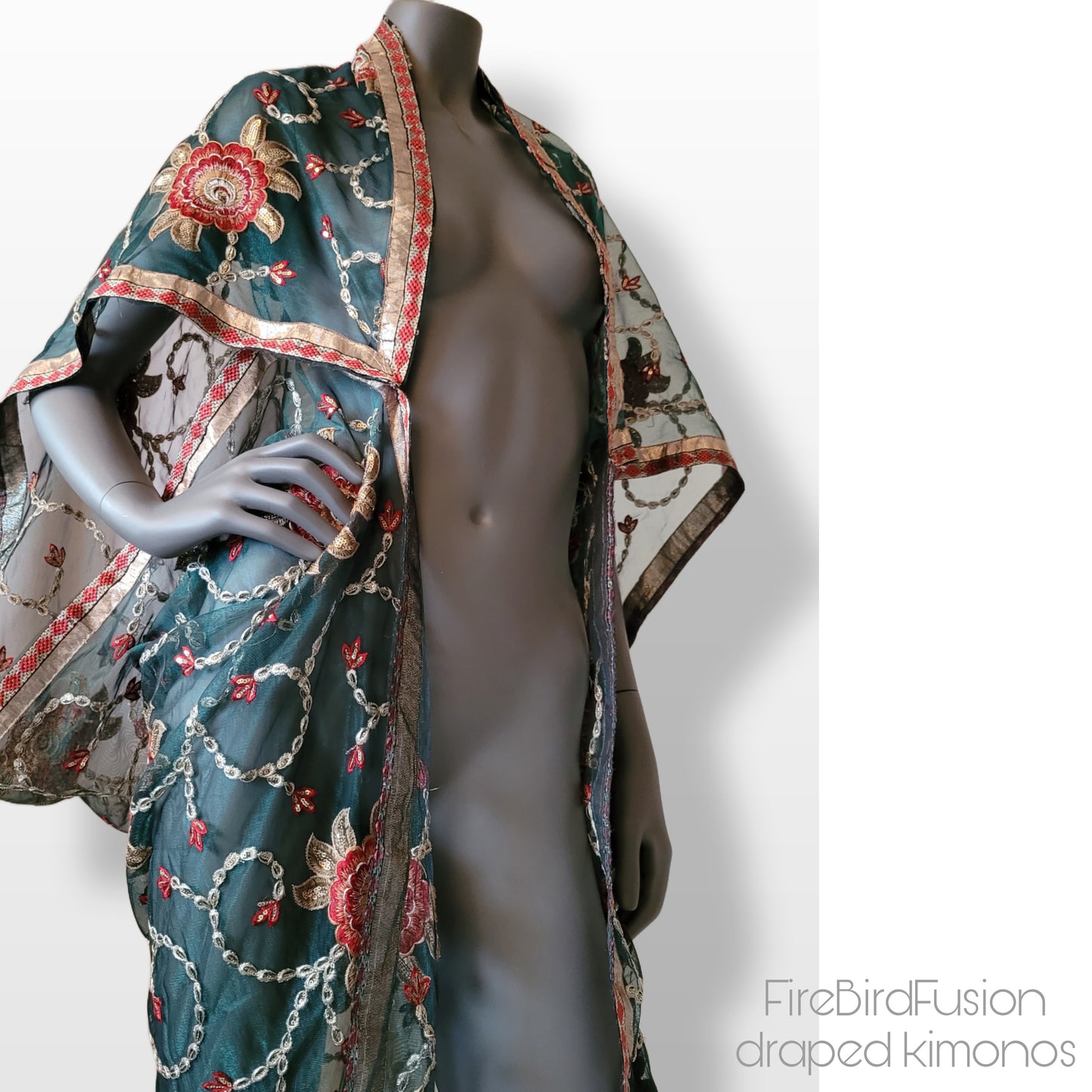 Draped short kimono in dark green net fabric with beautiful floral embroidery (M)