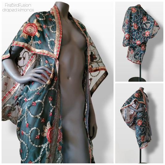 Draped short kimono in dark green net fabric with beautiful floral embroidery (M)