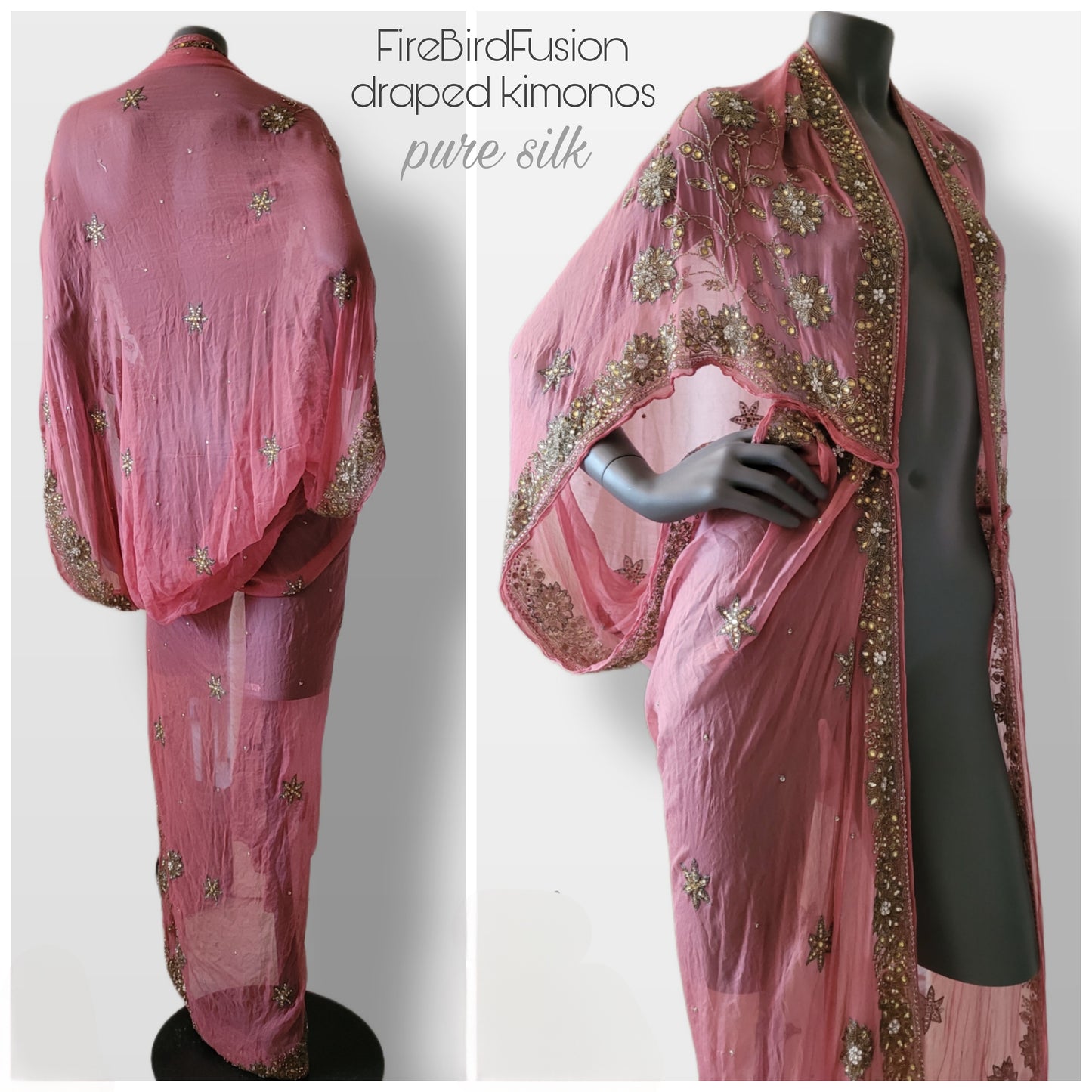 Luxurious draped kimono in pure silk, in dusty pink with stunning glass bead embroidery (XL)