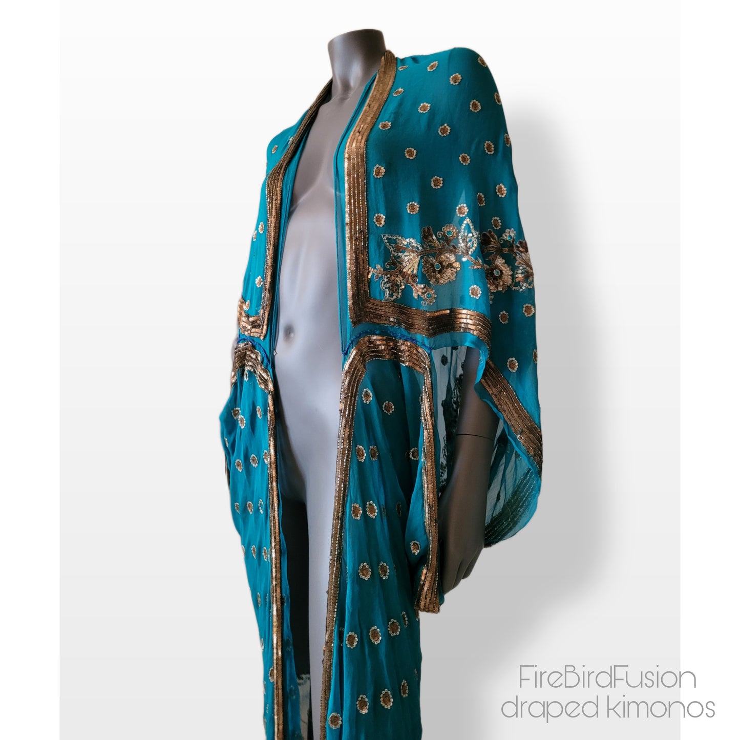Luxurious draped kimono, peacock blue with elaborated hand embroidery in bronze, gold and blue (L-XL)