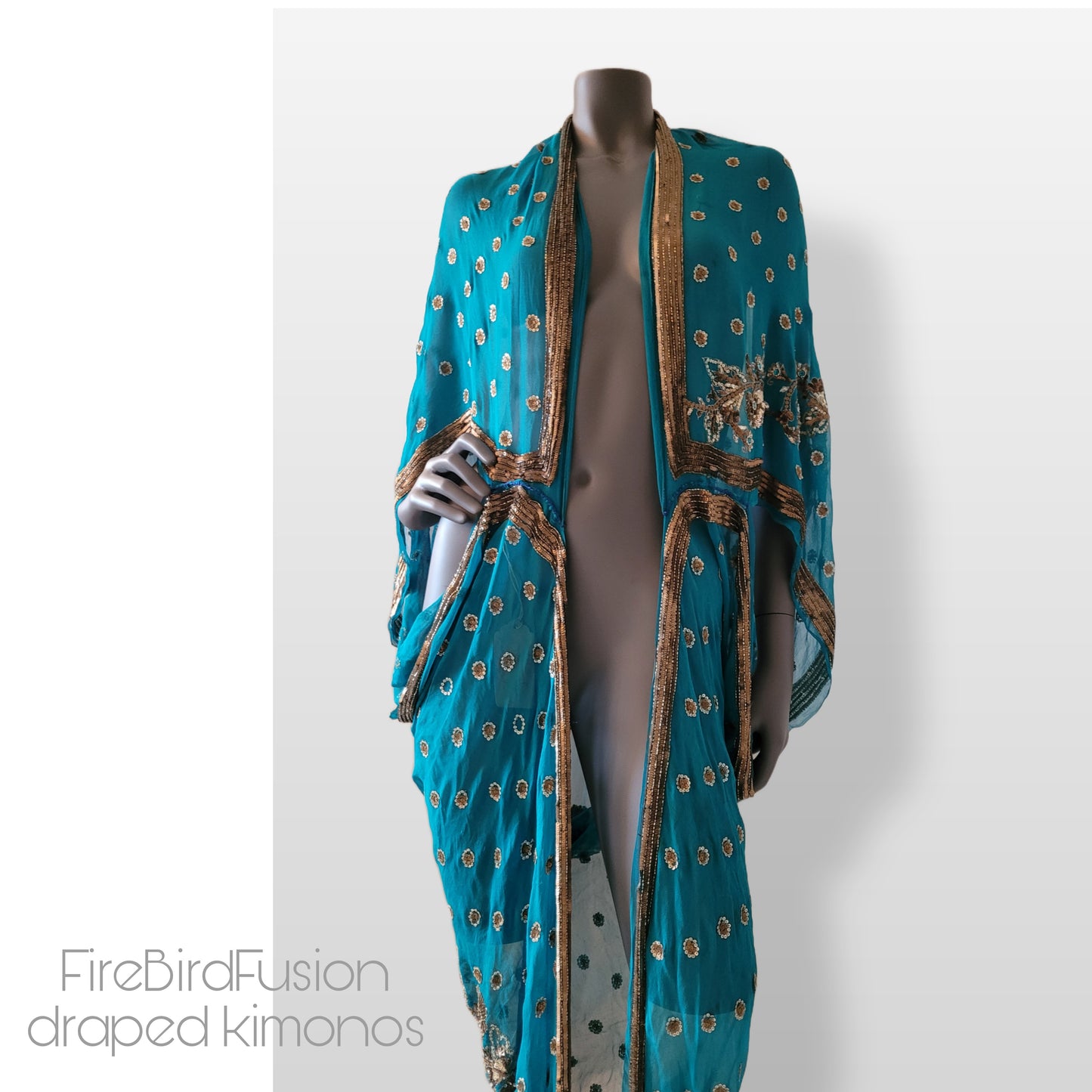 Luxurious draped kimono, peacock blue with elaborated hand embroidery in bronze, gold and blue (L-XL)