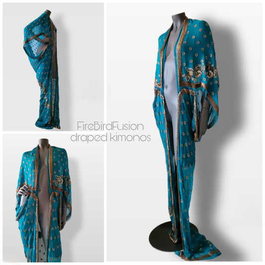 Luxurious draped kimono, peacock blue with elaborated hand embroidery in bronze, gold and blue (L-XL)