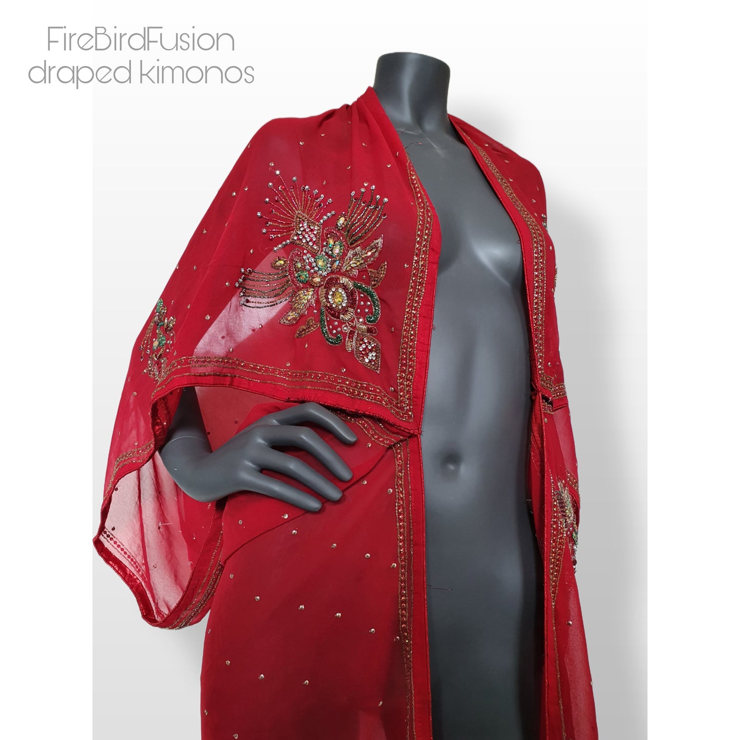 Draped kimono in red with a mix of glass bead, sequins and zardozi embrodery (L)