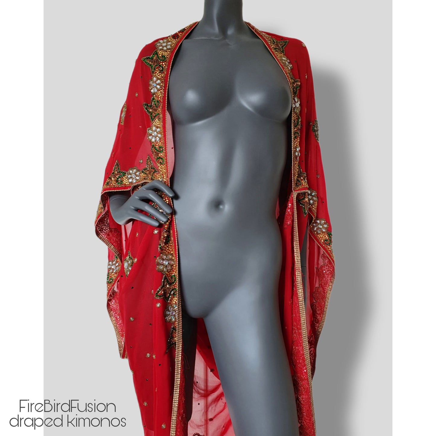 Draped kimono in red with a beautifully embroidered trim with glass beads (L)