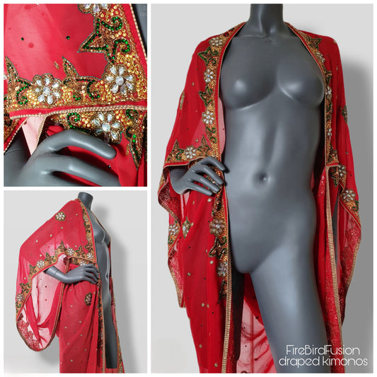 Draped kimono in red with a beautifully embroidered trim with glass beads (L)