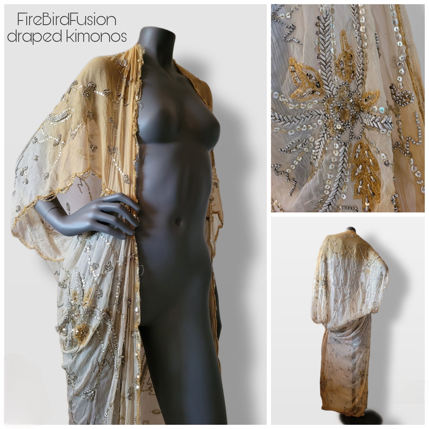 Draped kimono in ivory and pale yellow with golden floral embroidery (M-L)