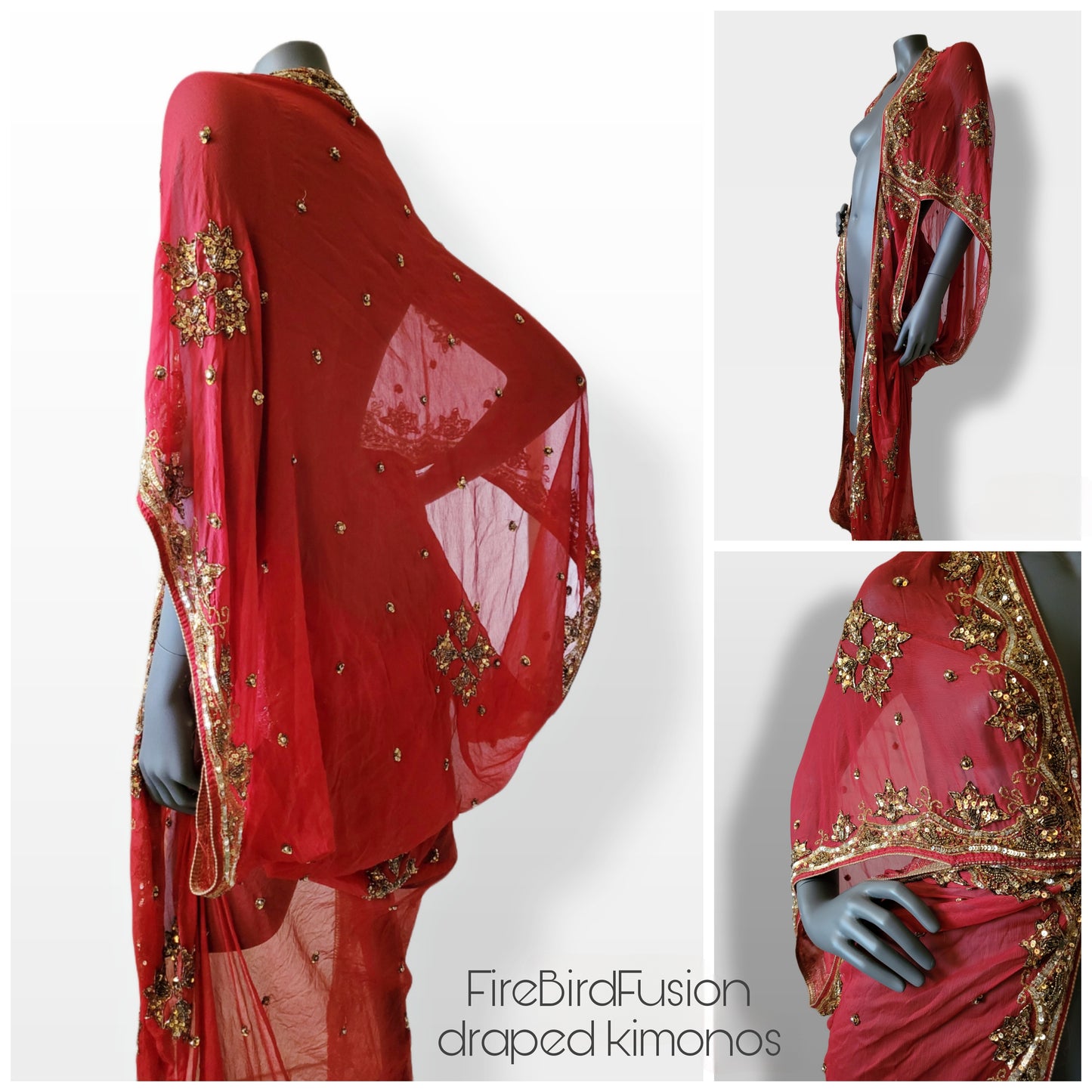 Draped kimono in red with elaborated hand embrodery in gold (M-L)