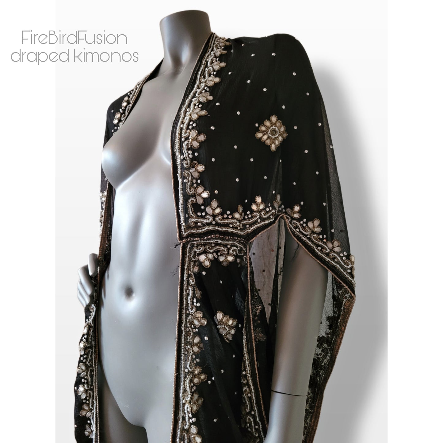 Draped kimono black with beautiful embroidery in white and pale gold (M)