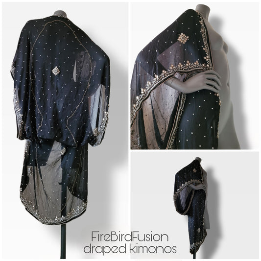 Draped kimono black with beautiful embroidery in white and pale gold (M)