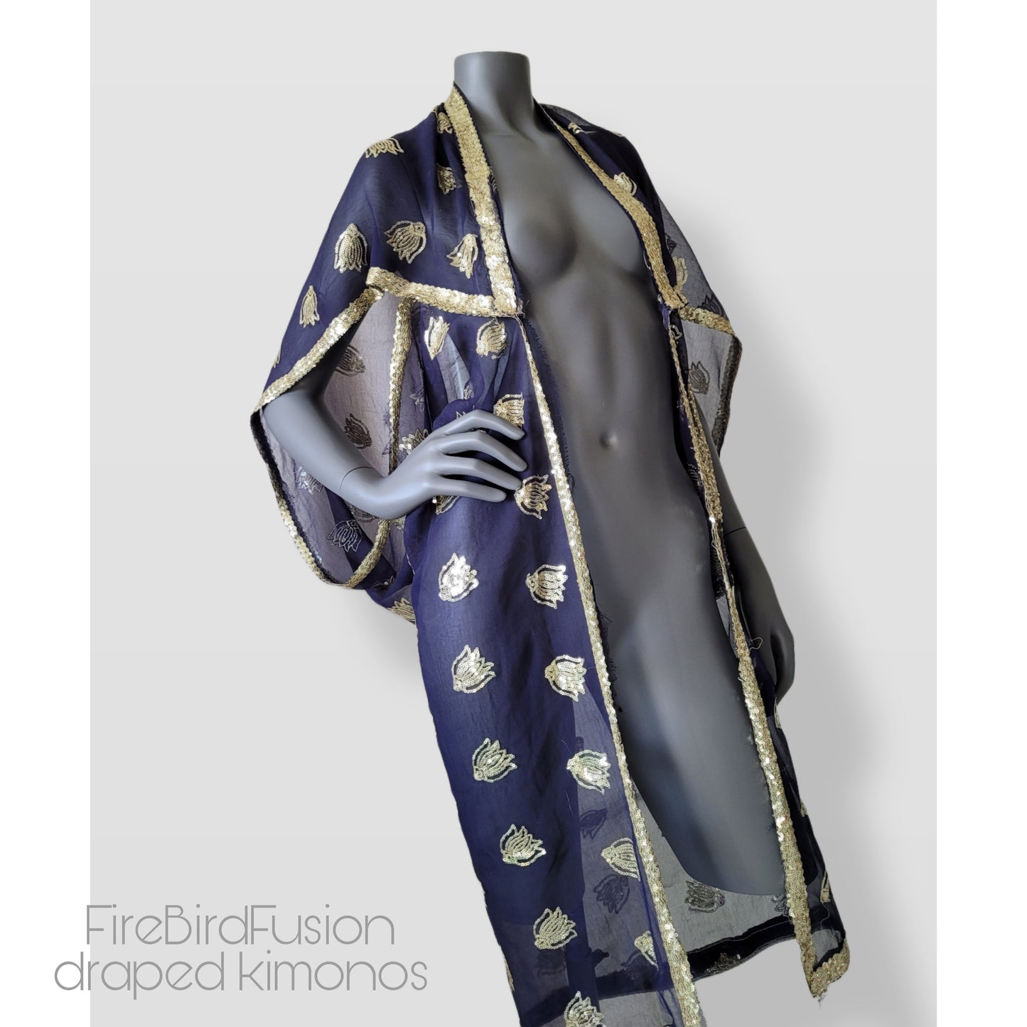 Draped kimono in dark marine blue with golden embroidery (S-M)