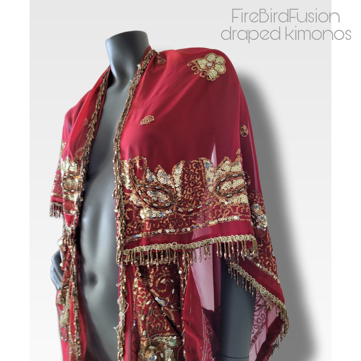 Draped kimono in red with elaborated hand embrodery in gold with beaded fringe (M)