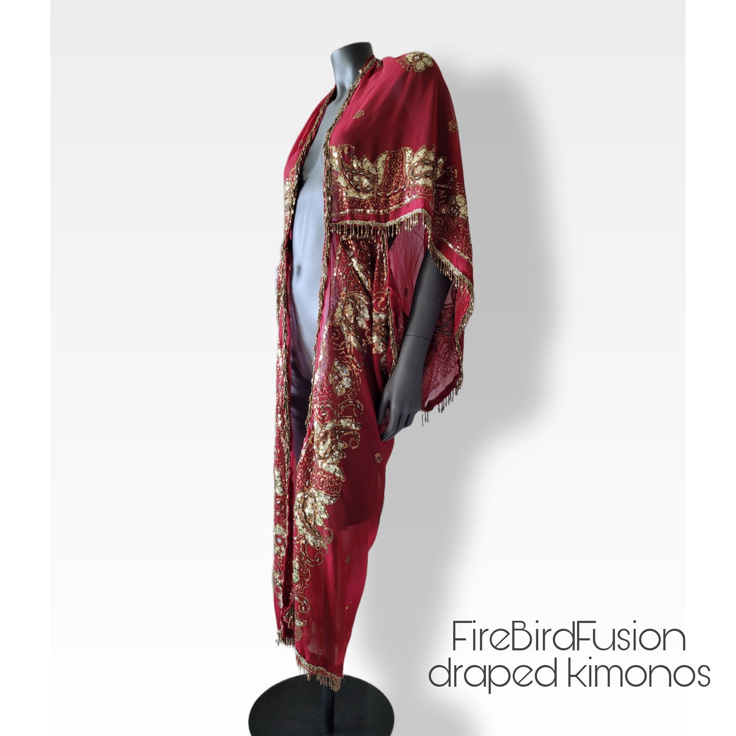 Draped kimono in red with elaborated hand embrodery in gold with beaded fringe (M)