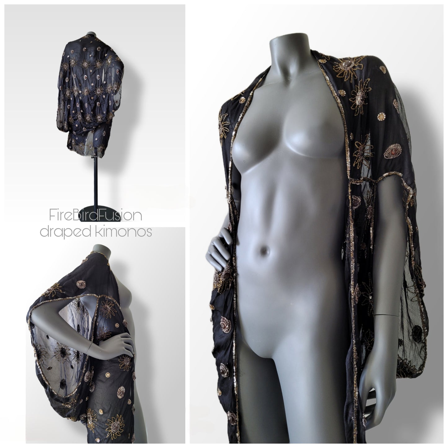 Draped short kimono in black with golden embroidery (S)