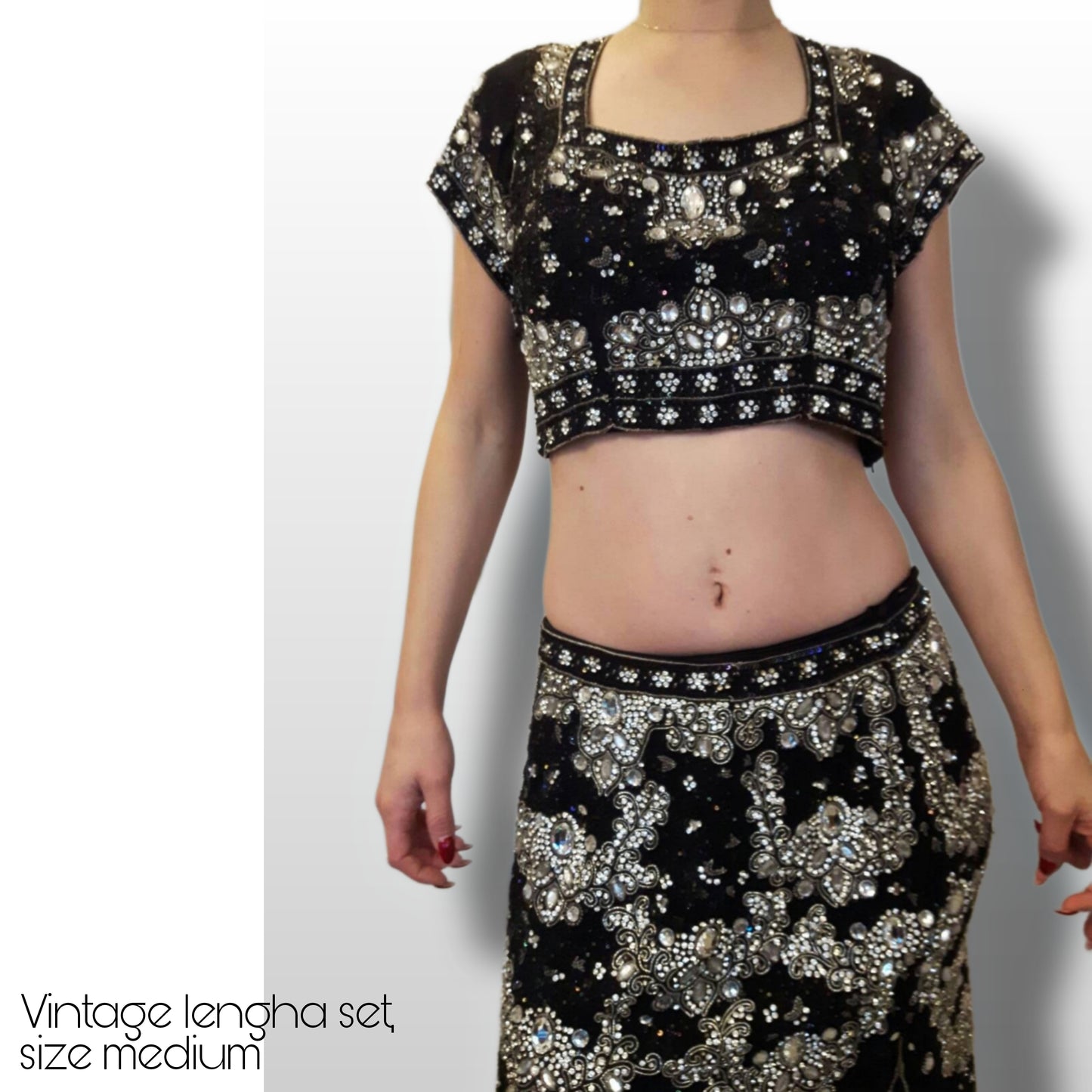 Top quality vintage lengha skirt and choli top in silver and black with beautiful crystal hand embroidery and irredecent sequins (size M)