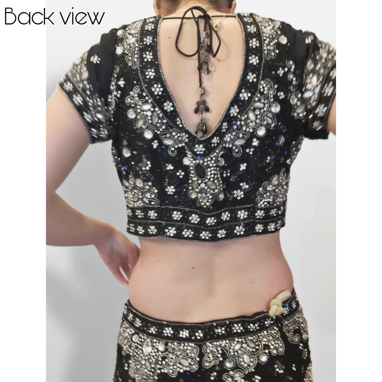 Top quality vintage lengha skirt and choli top in silver and black with beautiful crystal hand embroidery and irredecent sequins (size M)