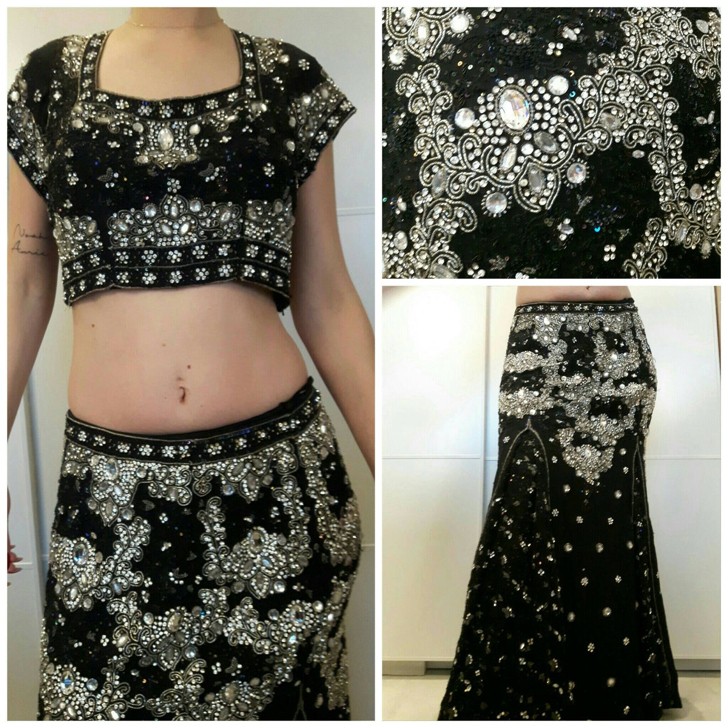 Top quality vintage lengha skirt and choli top in silver and black with beautiful crystal hand embroidery and irredecent sequins (size M)