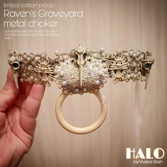Raven's Graveyard Metal Choker in bone white w irredecent pearls and rhinestones, sample piece (discounted)