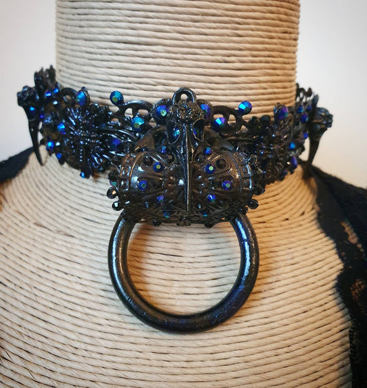 Raven's Graveyard Metal Choker in black w irredecent blue and black rhinestones, sample couture show piece