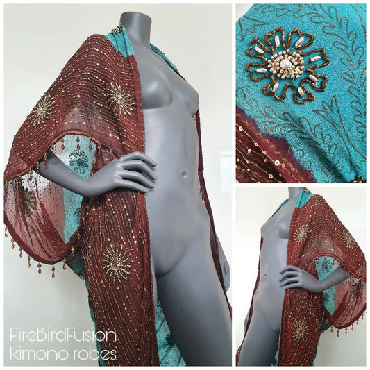 Draped handprinted kimono in brown and turquoise (M-L)