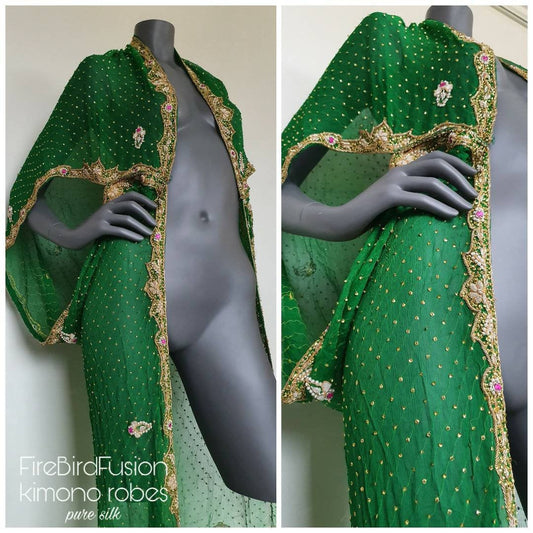 Luxurious draped kimono in pure silk, grass green with beautiful hand embroidered zardozi trim in gold (M)