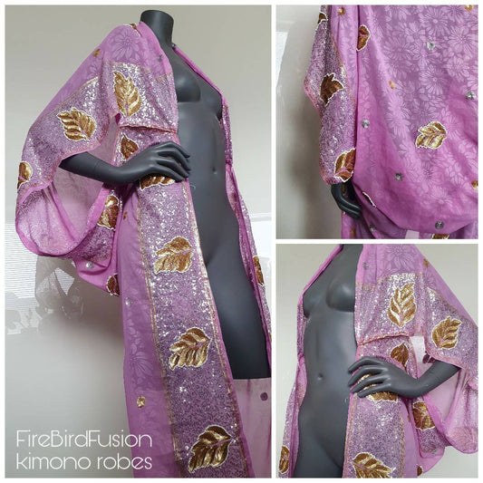Draped kimono in cold light pink with elaborated hand embrodery in silver, golden sequins and white beads (M-L)