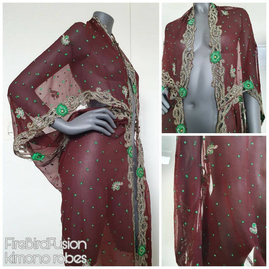 Draped coffee brown kimono with elaborated hand embrodery in silver and green (L)