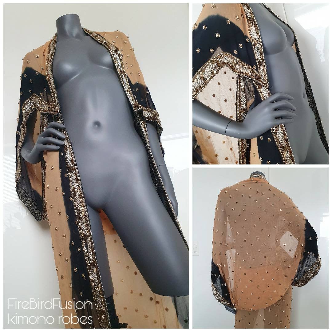 Draped kimono in honey and black with elaborated hand embrodery with pale golden glass beads (M)