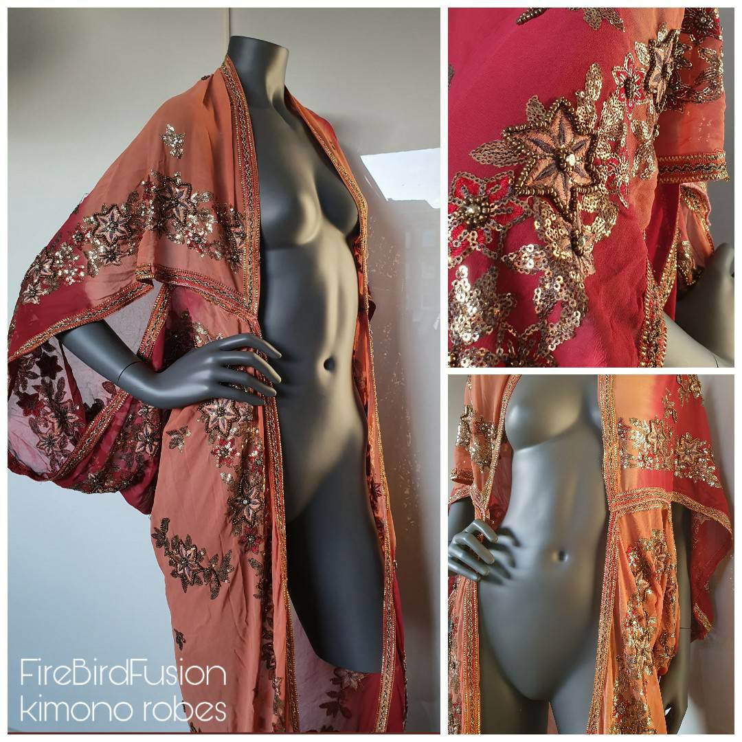 Draped kimono, dark blush and light wine with elaborated embrodery in antique gold sequins and beads (M)