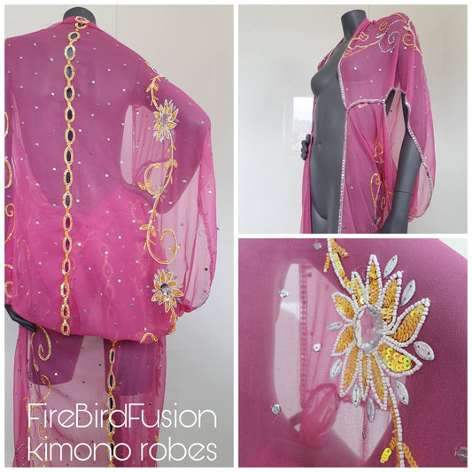 Draped kimono in pink, cut outs and hand embroidery with yellow, crystal and white (M)