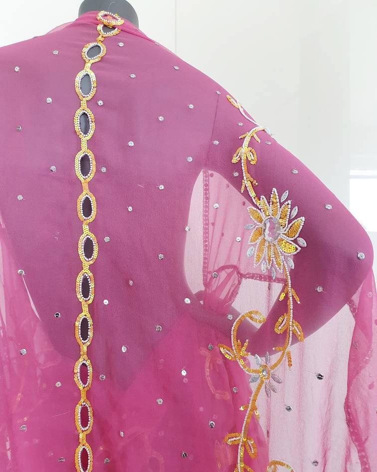 Draped kimono in pink, cut outs and hand embroidery with yellow, crystal and white (M)
