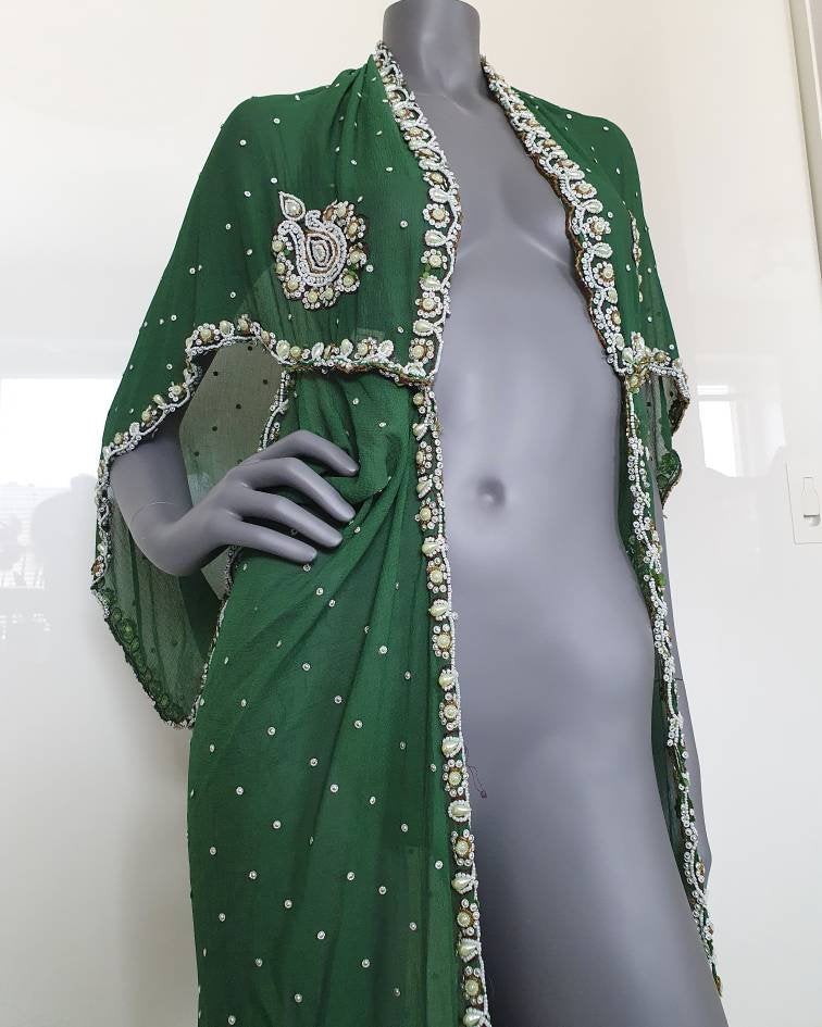 Draped kimono, forest green with elaborated hand embroidery with silver and white beads (M)