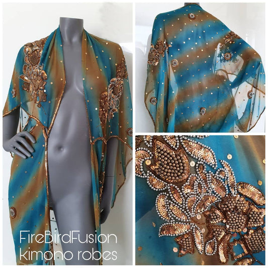 Draped kimono in teal and brown with elaborated hand embroidery with bronze sequins and beads (M-L)