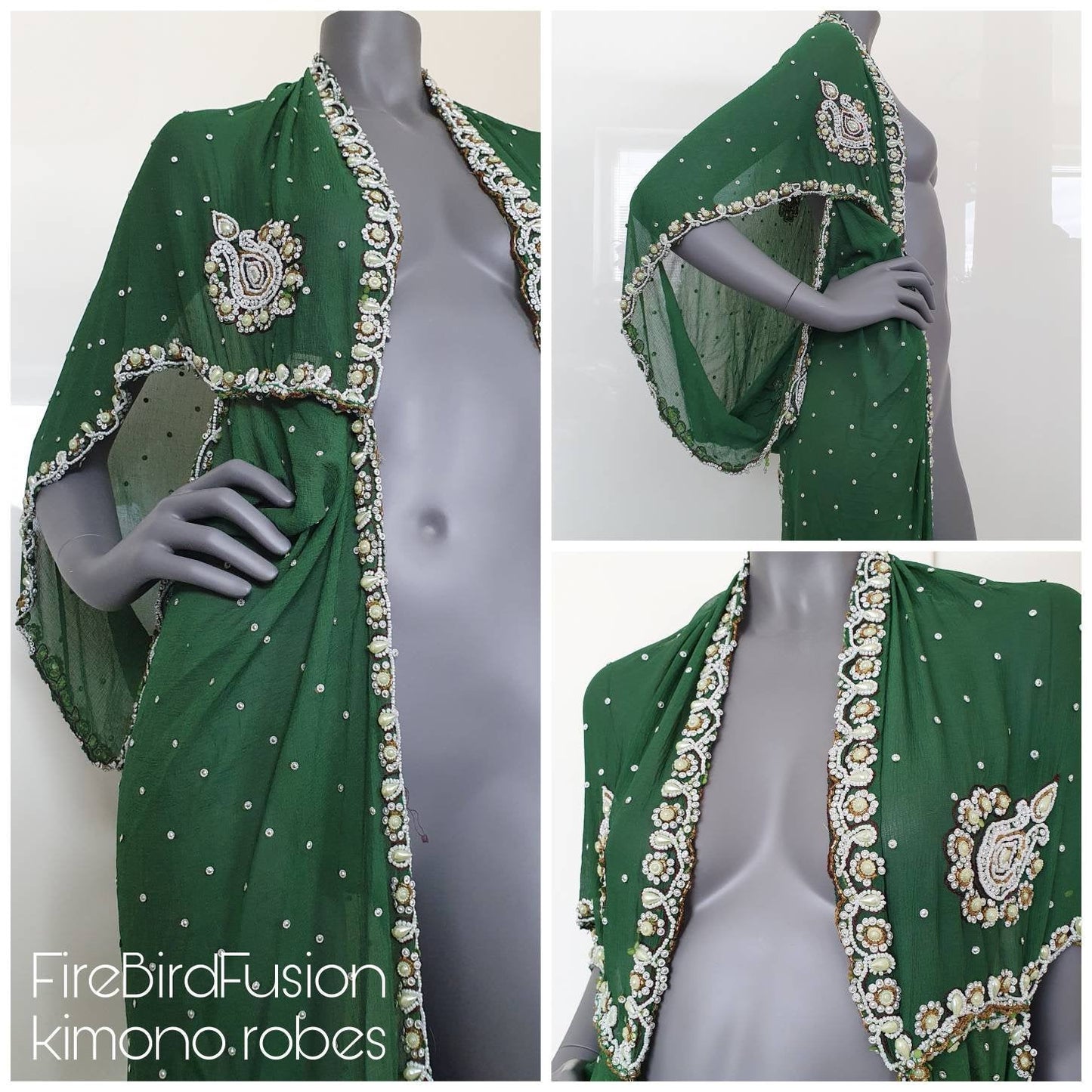 Draped kimono, forest green with elaborated hand embroidery with silver and white beads (M)