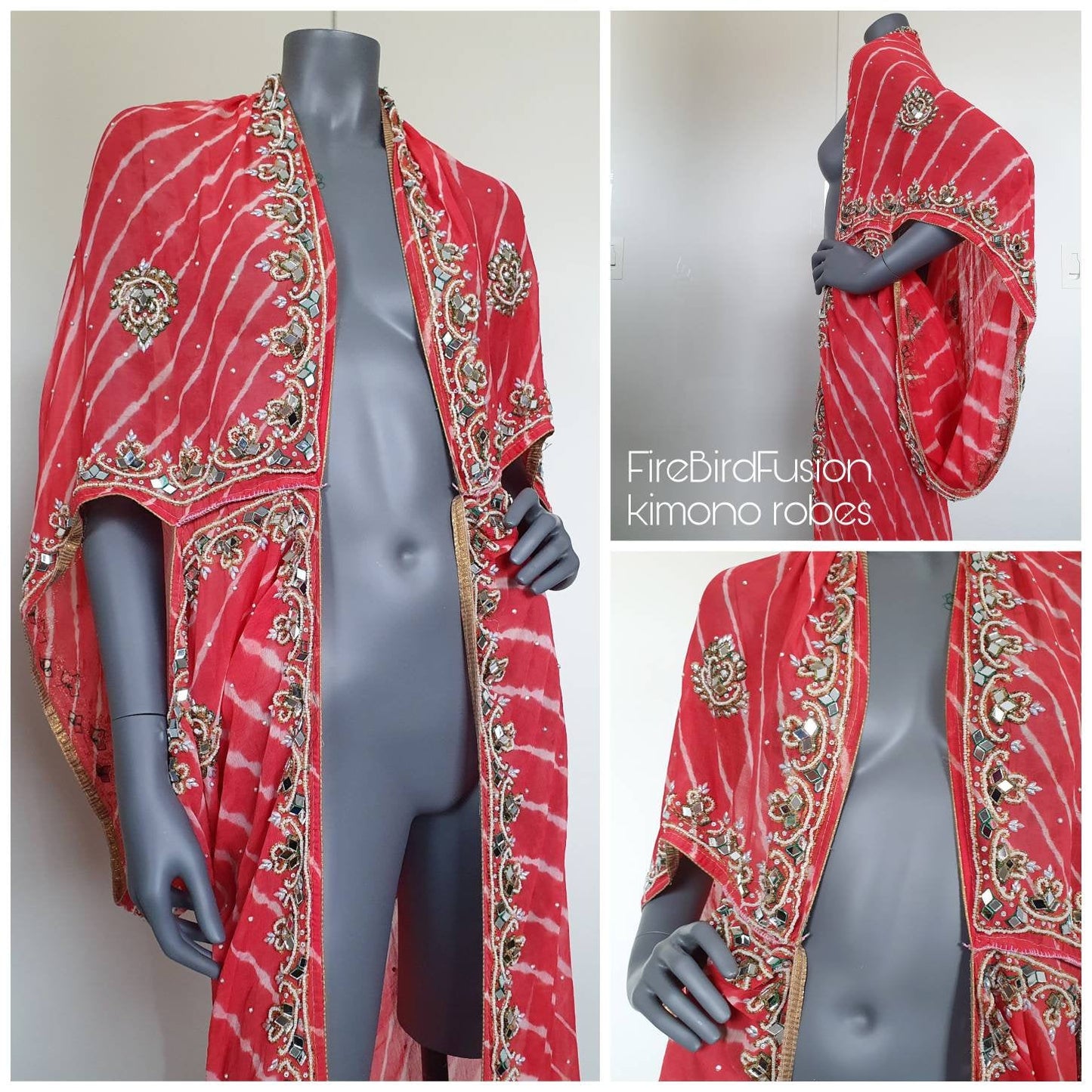 Draped kimono, hand dyed batik in light salmon red and white elaborated embellished with glass mirrors and beads (L)