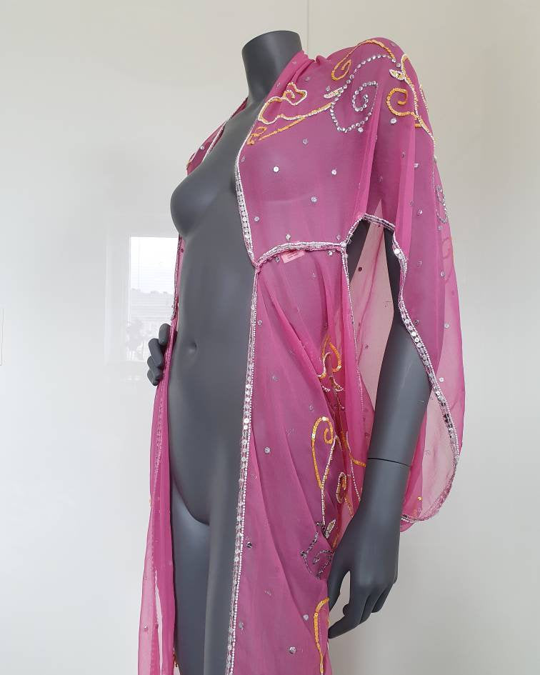 Draped kimono in pink, cut outs and hand embroidery with yellow, crystal and white (M)