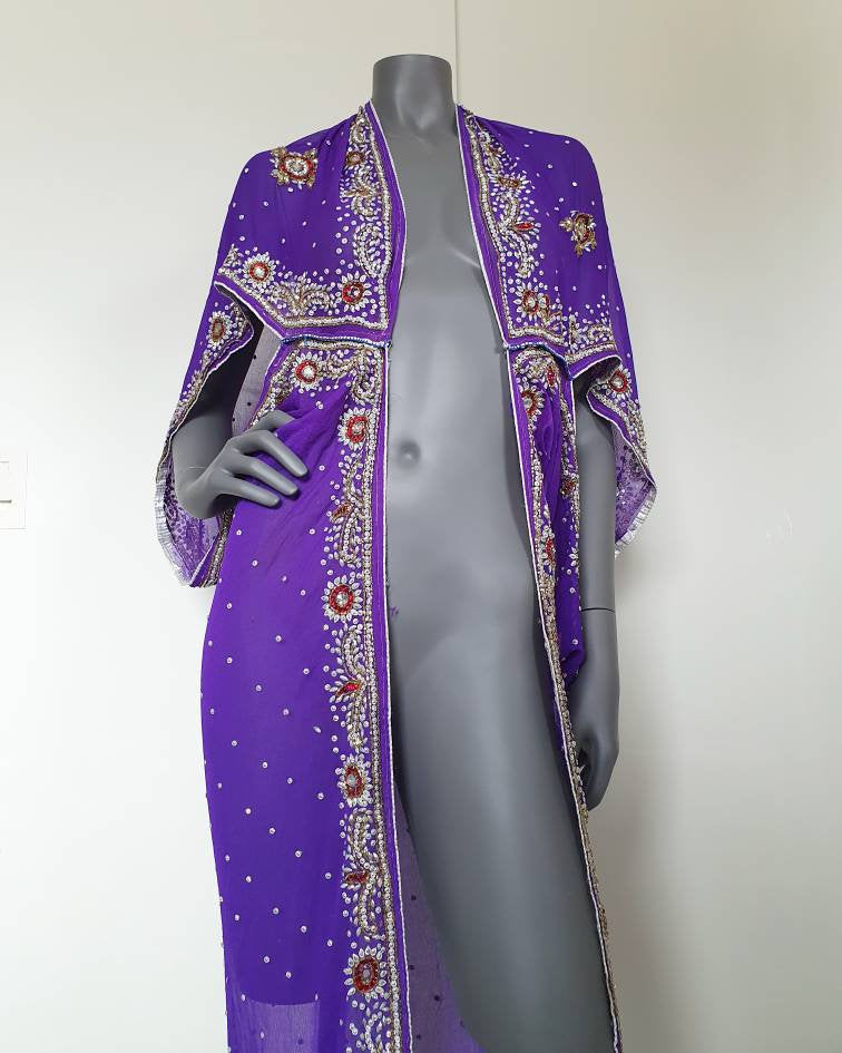 Draped kimono in bright purple with elaborated hand embellishments in white, red and yellow (M)
