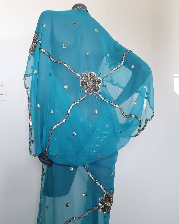 Draped kimono, sky blue with elaborated hand embroidery with silver sequins and beads (M-L)