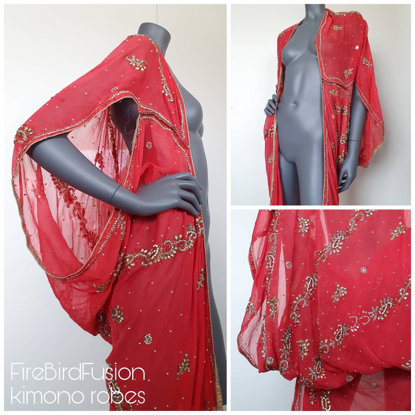 Draped kimono in warm punch with elaborated hand embroidery with irredecent crystals (M)