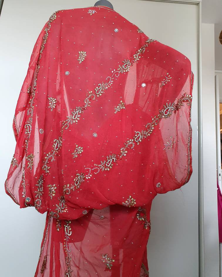 Draped kimono in warm punch with elaborated hand embroidery with irredecent crystals (M)